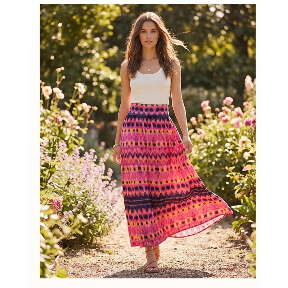 Cynthia Rowley‎ Womens Medium Pink Ikat Maxi Skirt Boho Rayon Spandex Stretch